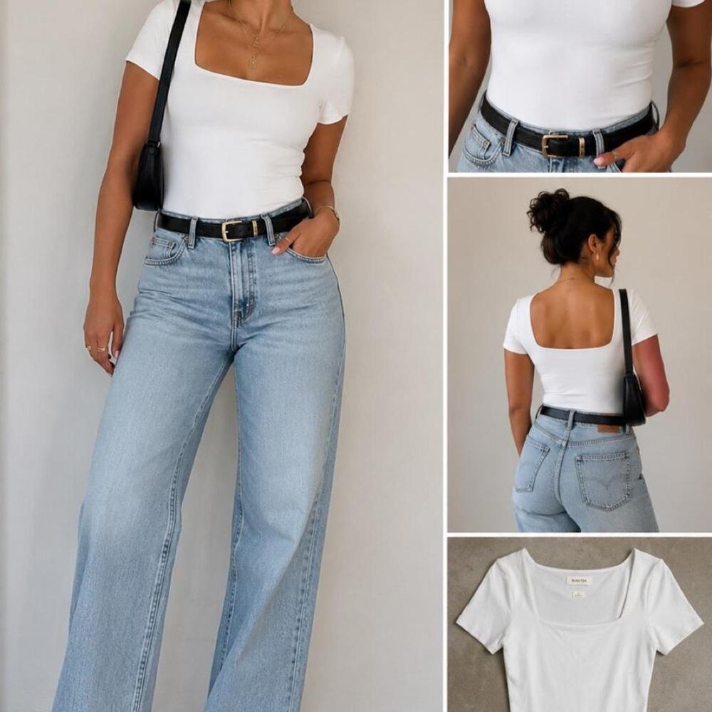 Babaton Contour Blue Square Neck Bodysuit Size L Minimalist Clean Girl Aritzia